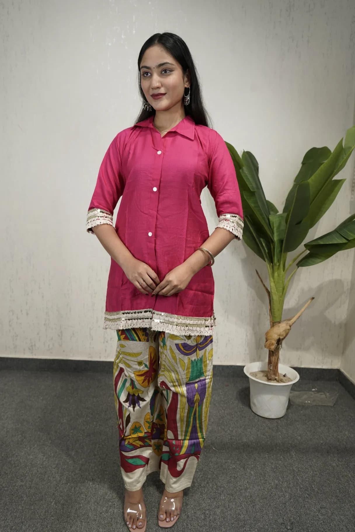 Shirt-Style Kurti with Printed Palazzos